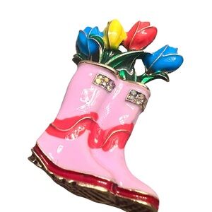 Gold Tone Pink Enamel Rain Boots Brooch with Multi-Colored Blooms